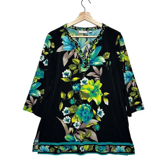 Susan Graver Tops - Susan Graver Liquid Knit Split Neck Tunic Floral Teal Blue Green 3/4 Sleeve Sz L
